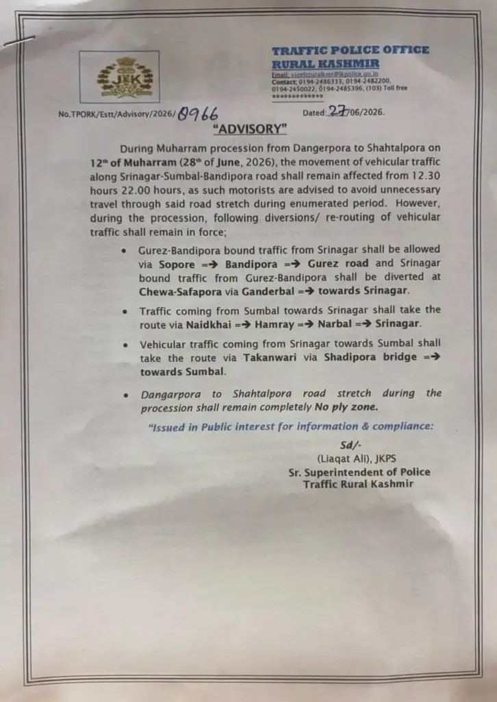 Traffic Police Issues Diversion Plan for 12th Muharram Procession in Bandipora
